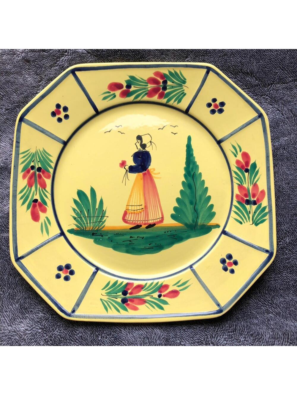 1 Vtg HB Henriot Quimper  Dinner Plate- Soleil Yellow 10"  Woman